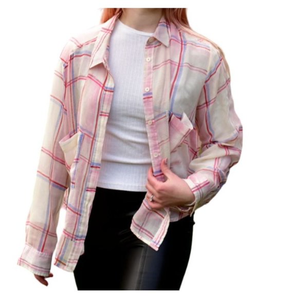 Anthropologie Tops - HOLDING HORSES Anthropologie Pink/White Windowpane Plaid Relaxed Cotton Blouse M